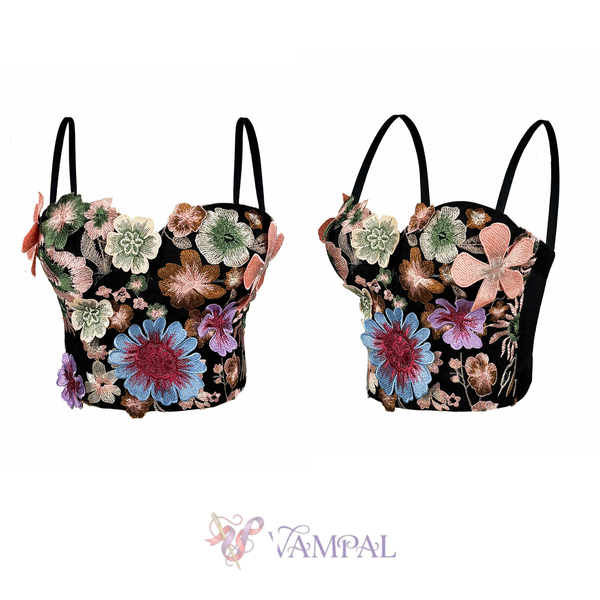 Black Vintage Embroidered Corset Top With Bra Pads Breathable Cami