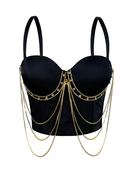 Black with gold chain Fringe Chain Corset Cami Top Summer Outerwear