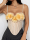 French-Style 3D Floral Sheer Mesh Fishbone Crop Top