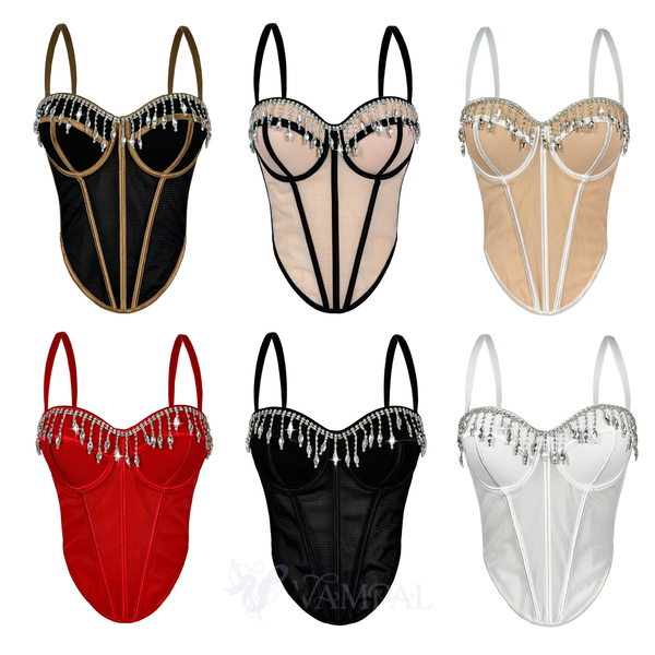 Strass-Fransen-Farbblock-Korsett-Bustier-Cami-Top