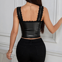 Black PU Leather Lace Spliced Corset Camisole Slim Fit Push-Up Vest