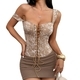 Khaki Lace-Up Embroidered Slim Fit Camisole