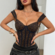Dark brown Leopard Print Sequin Lace-Up Corset Cami Top