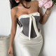 Gray Lace Trim Bow Corset Crop Top Women