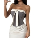 Gray Lace Trim Bow Corset Crop Top Women