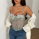 Bean green Embroidered Mesh Corset Bustier Crop Top
