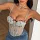 Bean green Embroidered Mesh Corset Bustier Crop Top