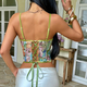 Green Vintage Jacquard Lace-Up Corset Crop Top