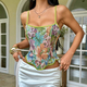 Green Vintage Jacquard Lace-Up Corset Crop Top