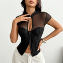 Schwarzes chinesischer-Stil-Knotenknopf-Mesh-Spliced-halbtransparentes-Cutout-Slim-Fit-Korsett-Top