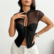 Schwarzes chinesischer-Stil-Knotenknopf-Mesh-Spliced-halbtransparentes-Cutout-Slim-Fit-Korsett-Top