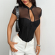 Schwarzes chinesischer-Stil-Knotenknopf-Mesh-Spliced-halbtransparentes-Cutout-Slim-Fit-Korsett-Top