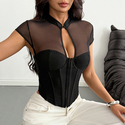 Schwarzes chinesischer-Stil-Knotenknopf-Mesh-Spliced-halbtransparentes-Cutout-Slim-Fit-Korsett-Top