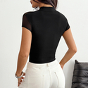 Schwarzes chinesischer-Stil-Knotenknopf-Mesh-Spliced-halbtransparentes-Cutout-Slim-Fit-Korsett-Top