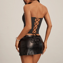 Gray Sheer Lace Spliced Corset Crop Top With Eyelash Trim