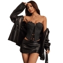 Gray Sheer Lace Spliced Corset Crop Top With Eyelash Trim