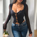 Schwarzes Cutout-Metalldekor-Langarm-Slim-Fit-Brustvergrößerndes-Top