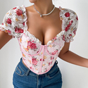 Pink French Floral Puff Sleeve Corset Top