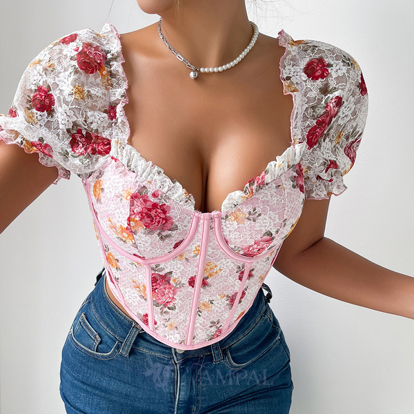 Pink French Floral Puff Sleeve Corset Top