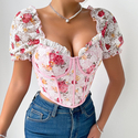 Pink French Floral Puff Sleeve Corset Top