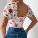 Pink French Floral Puff Sleeve Corset Top
