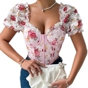 Pink French Floral Puff Sleeve Corset Top
