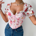 Pink French Floral Puff Sleeve Corset Top