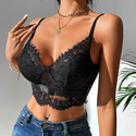 Schwarzes Damen-Spitzen-Patchwork-Cami-Tank-Top rückenfreies Mesh-Wimpernbesatz-Clubwear