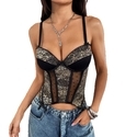 Black Leopard Print Lace Semi-Sheer Push-Up Backless Corset Camisole
