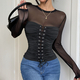 Schwarzes, transparentes Damen-Oberteil mit Mesh, Schnürung, Raffungen an der Taille und langen Ärmeln