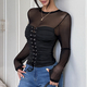 Schwarzes, transparentes Damen-Oberteil mit Mesh, Schnürung, Raffungen an der Taille und langen Ärmeln