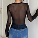 Schwarzes, transparentes Damen-Oberteil mit Mesh, Schnürung, Raffungen an der Taille und langen Ärmeln