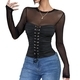 Schwarzes, transparentes Damen-Oberteil mit Mesh, Schnürung, Raffungen an der Taille und langen Ärmeln