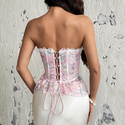 Pink French Embroidery Ruffled Backless Lace-Up Corset
