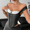 Gray Lace Patchwork One-Shoulder Corset Crop Top