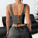 Gray Lace Patchwork One-Shoulder Corset Crop Top