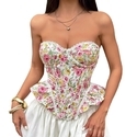Pink Yellow Sweet And Spicy Printed Lace-Up Tube Top With Fishbone Waist