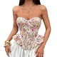Pink Yellow Sweet And Spicy Printed Lace-Up Tube Top With Fishbone Waist