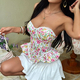 Pink Yellow Sweet And Spicy Printed Lace-Up Tube Top With Fishbone Waist