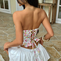 Pink Yellow Sweet And Spicy Printed Lace-Up Tube Top With Fishbone Waist