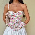Pink Yellow Sweet And Spicy Printed Lace-Up Tube Top With Fishbone Waist
