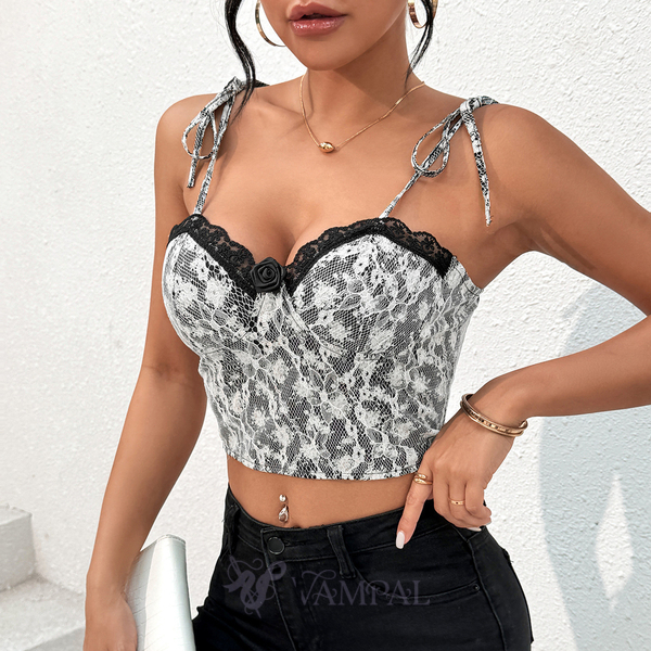 Black Lace-Up Corset 3D Floral Backless Lace Tank Top