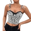 Black Lace-Up Corset 3D Floral Backless Lace Tank Top