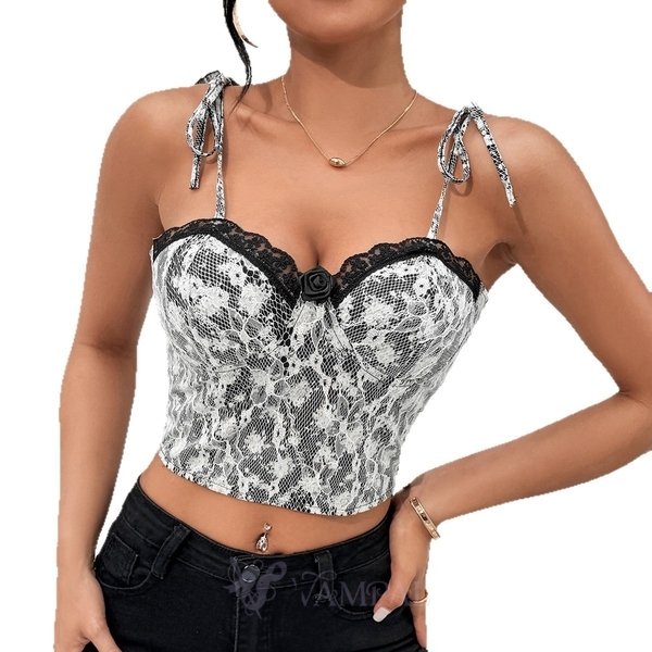 Black Lace-Up Corset 3D Floral Backless Lace Tank Top