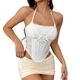 White Women's 3D Floral Corset Top With Choker Tie And Lace Trim