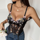 Black French Style Embroidered Corset Crop Top Semi-Sheer Slim Fit