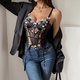 Black French Style Embroidered Corset Crop Top Semi-Sheer Slim Fit