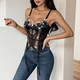 Black French Style Embroidered Corset Crop Top Semi-Sheer Slim Fit