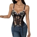 Black French Style Embroidered Corset Crop Top Semi-Sheer Slim Fit