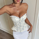 Blue Floral Floral Embroidered Lace-Up Corset Tube Top With Fishbone Buttons